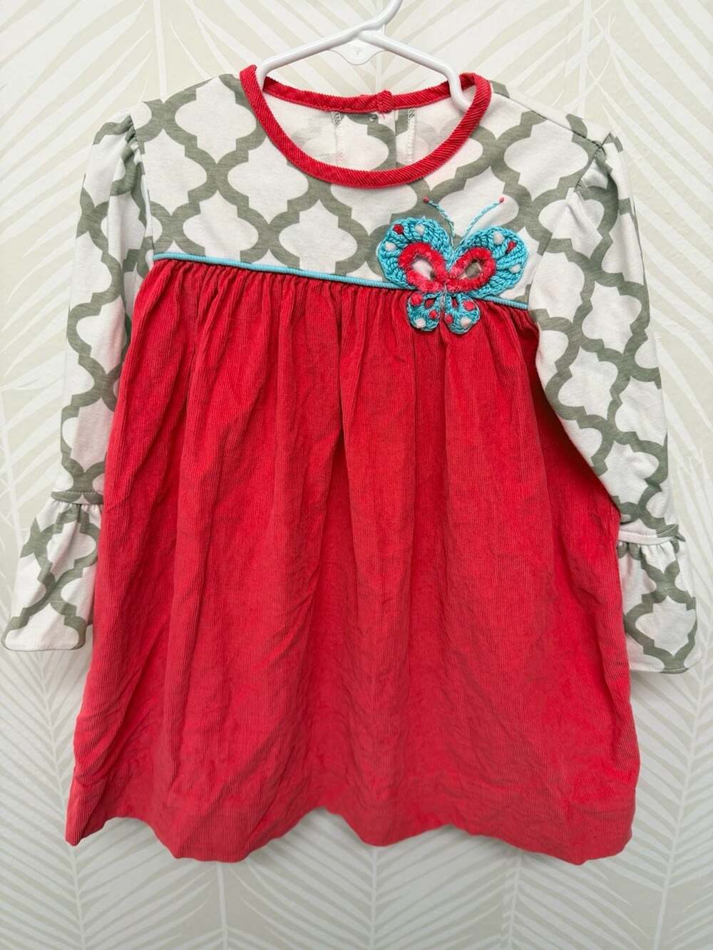 Zuccini Girls Red Corduroy Dress With Butterfly And Patterned Sleeves Size 2T